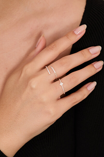 Elika Silver 925 Ayar Gümüş Su Yolu ve Minimal İkili Yüzük Set