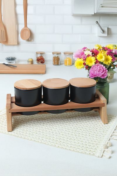 Keramika Matte Black Aegean Storage Container with Wooden Stand 10 Cm 4 Pieces