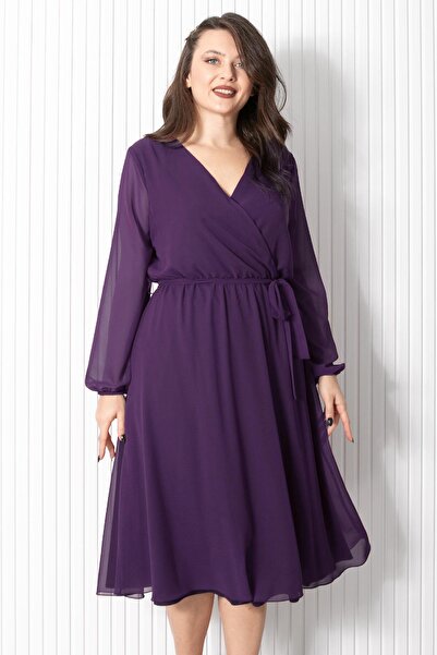 SUBU TASARIM Μωβ βραδινό φόρεμα σιφόν - Λεπτομέρεια ζώνης, TBS916