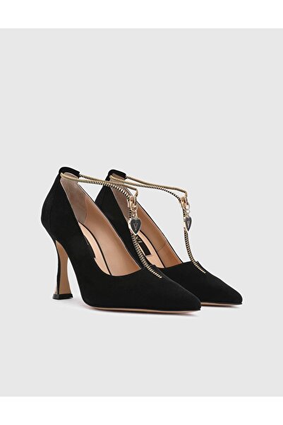 İLVİ Samira Genuine Suede Leather Women's Black Heeled Shoes