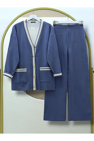 Modamorfo Strick-Cardigan-Doppelset mit Metallknöpfen und Taschen – Indigo