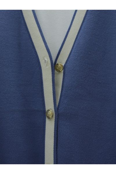 Modamorfo Strick-Cardigan-Doppelset mit Metallknöpfen und Taschen – Indigo