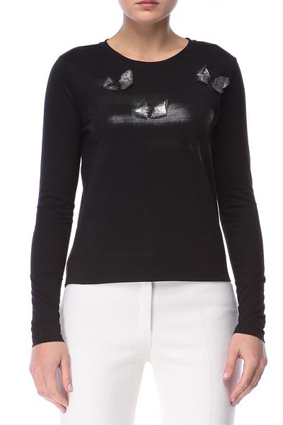 Escada Long Sleeve Round Neck Butterfly Patterned Black Cotton T-shirt