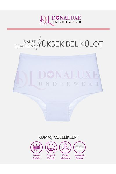 Donaluxe Chiloți albi din bumbac moale cu talie înaltă pentru femei - Pachet de 5