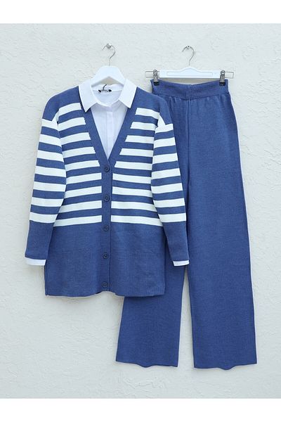 Modamorfo Gestreiftes Knopf-Strick-Set – Indigo