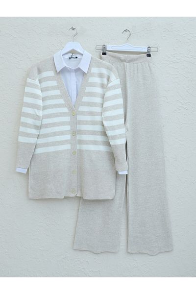 Modamorfo Stone Colored Striped Knitwear Set - Buttoned