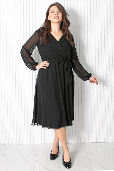 SUBU TASARIM Belt Detailed Chiffon Evening Dress Black Tbs916