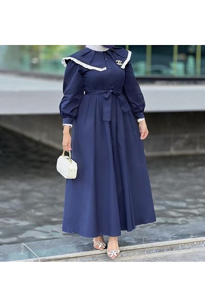 Esre Store Φόρεμα με γιακά χιτζάμπ Navy Blue 4487 Model