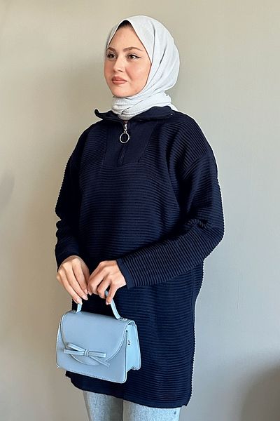 InStyle Thin Ribbed Turtleneck Navy Blue Knitwear Sweater