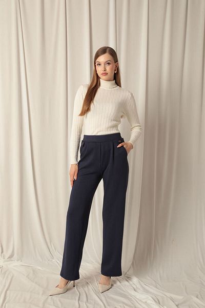 Lukas Modal Fabric Side Buttoned Women's Navy Blue Trousers