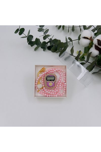 lenagiftworkshop 1 Piece Pink Gift Dowry Boxed Rosary and Stone Zikirmatik Set (Mevlit-Circumcision-Hajj-Umrah)