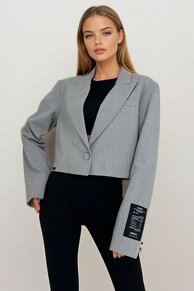 VAGGON Women's Gray Shoulder Padded Lined Blazer Crop Jacket Prm1196