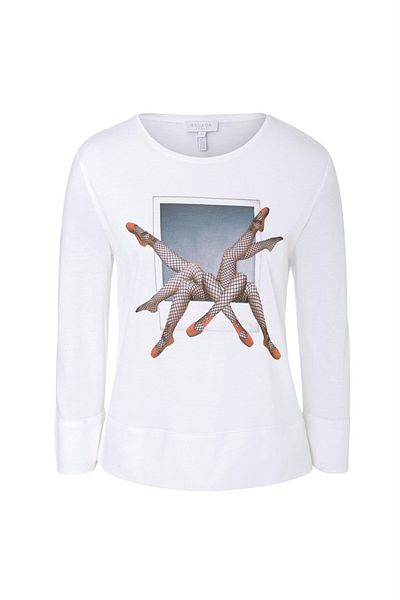 Escada Round Neck Long Sleeve Printed Loose Cut White T-shirt