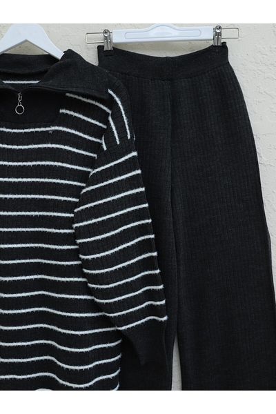 Modamorfo Ribbed Zippered Half Throat Knitwear Set - Anthracite