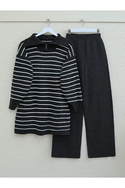 Modamorfo Ribbed Zippered Half Throat Knitwear Set - Anthracite