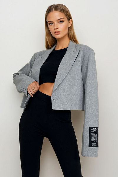 VAGGON Women's Gray Shoulder Padded Lined Blazer Crop Jacket Prm1196