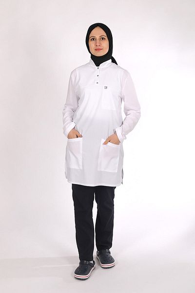 Pratik Medikal White-Navy Blue Hijab Suit - Lycra Nurse Jersey