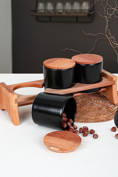 Keramika Matte Black Aegean Storage Container with Wooden Stand 10 Cm 4 Pieces