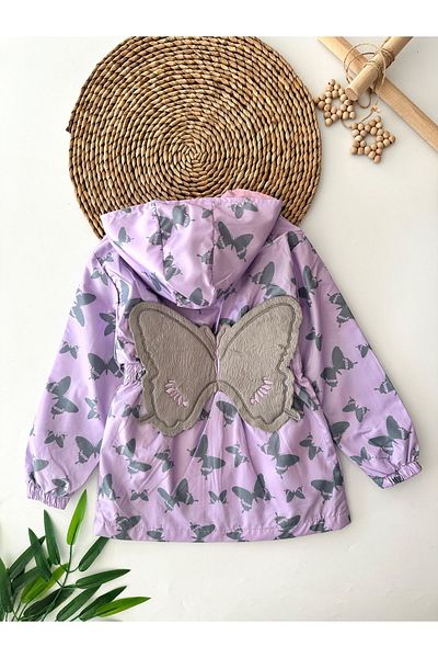Minigimin Cicileri Purple My Mini Raincoat - Butterfly Wing Detail, Combed Cotton Lined