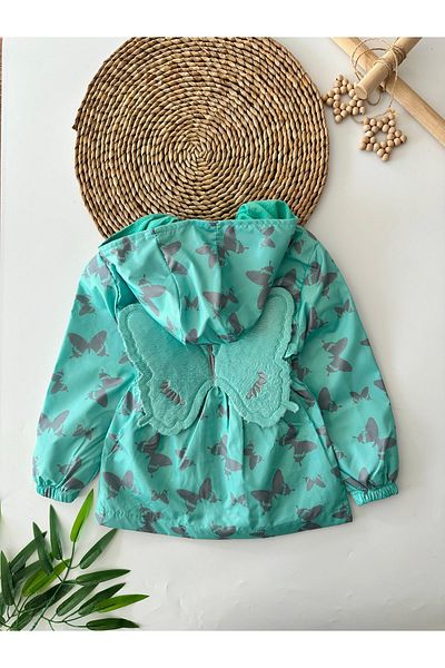 Minigimin Cicileri Green My Little Butterfly Detailed Combed Cotton Raincoat Coat