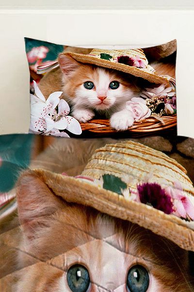 Else Dekor Hat Cat Patterned Single Quilted Quilt Pillow with Cover