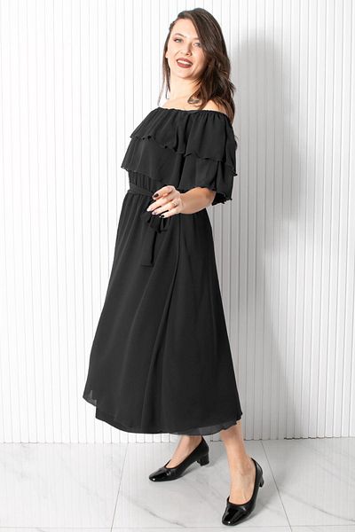 SUBU TASARIM Black Chiffon Karmen Collar Evening Dress - Tbs918