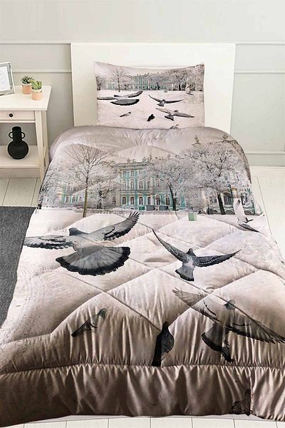 Else Dekor White Pigeon Birds Patterned Single Quilted Quilt with Pillowcase