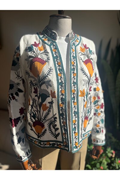 PureSunLady سترة نسائية ملونة - ياقة واقفة، مزيج مطرز، نمط عرقي