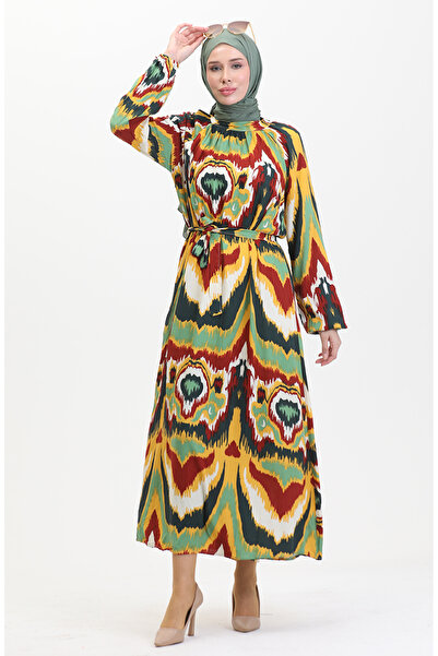 sefamerve Desenli Kuşaklı Viskon Elbise 0501-05 Yeşil Kiremit