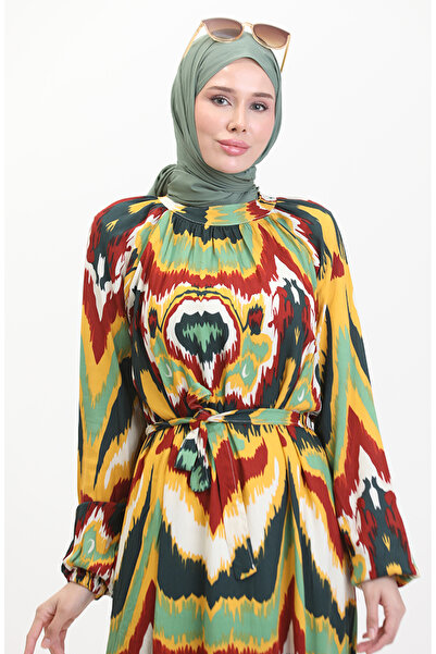 sefamerve Desenli Kuşaklı Viskon Elbise 0501-05 Yeşil Kiremit