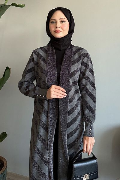 InStyle Glitter Detailed Anthracite Knitwear Jacket