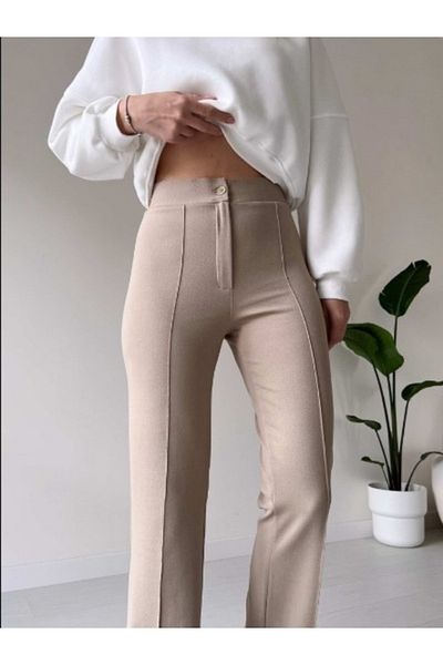 RuyaMood Women's Beige High Waist Ribbed Stitched Lycra Knitted Trousers