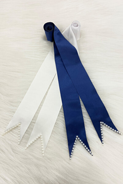 ZEYMERADE Lacivert Beyaz İncili Gelin Damat Takı Kurdele; Düğün Söz Nişan Nik...