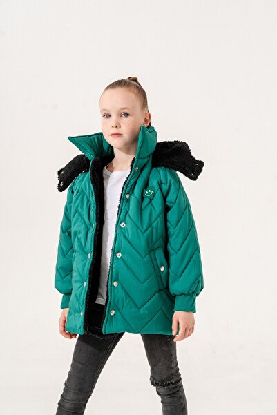 GİYİCEM Girl's Hooded Puffer Jacket with Sherpa Lining in Zigzag Pattern