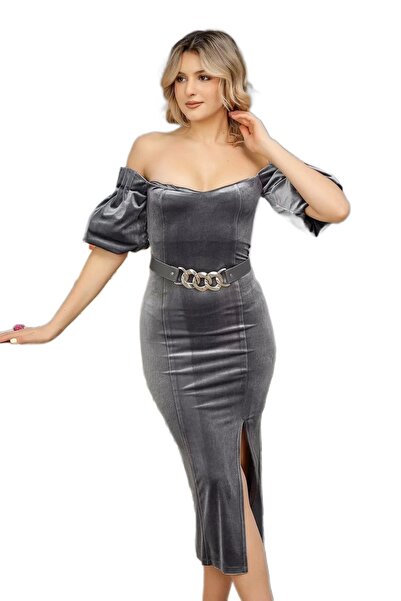 rapellin Βελούδινο φόρεμα με στράπλες λαιμόκοψη 2202-Γκρι