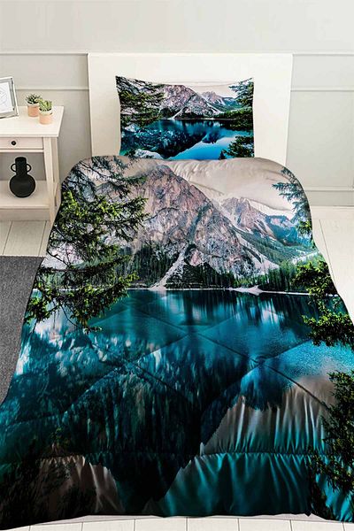 Else Dekor Blue Lake Landscape Patterned Single Quilted Quilt with Pillowcase