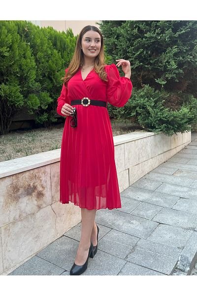 Moka Shopin Mokashopin Women's Chiffon Fabric Lined Flared Cut Double Breasted Collar Midi Length Dress