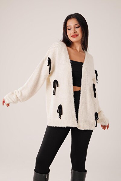 Hipo Trend Φιόγκος Λεπτομερής Εκρού Πλεκτή Ζακέτα