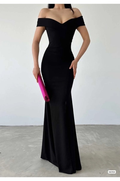 bysevensail Bss Women's Diver Fabric Boat Neck and Low-Cut Detailed Evening Dress