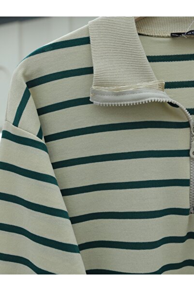 Modamorfo Half-High Collar Zippered Striped Tunic - Emerald