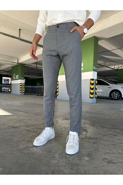 moda biz Men's Smoked Slim Fit Italian Cut Flexible Lycra Quality Ankle Length Fabric Trousers