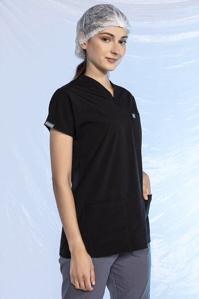 Pratik Medikal ممرضة بأكمام الخفاش من الليكرا باللون الأسود - قميص علوي فردي