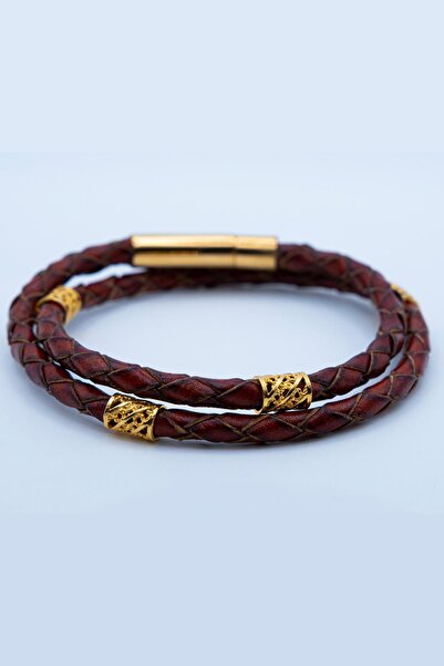 Neo Blanco Orijinal Deri Çift Sarma Taba Bileklik, Altın Kaplama ve 925 Ayar Gümüş Erkek Deri Bileklik