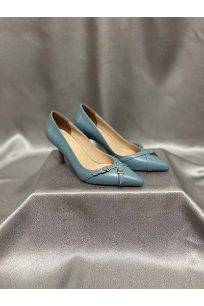 shoezy Retro Mavi Deri Topuklu Ayakkabı
