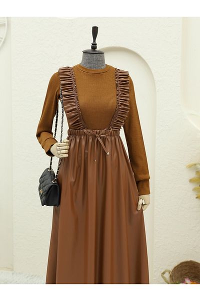 Modamorfo Strickoberteil, Lederkleid mit Rüschen vorne – Hellbraun