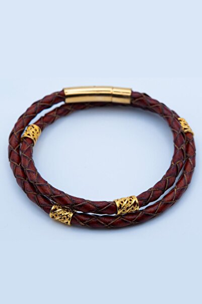 Neo Blanco Orijinal Deri Çift Sarma Taba Bileklik, Altın Kaplama ve 925 Ayar Gümüş Erkek Deri Bileklik