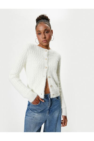 Koton Crew Neck Knitwear Cardigan - Soft Viscose Mix with Pearl Buttons