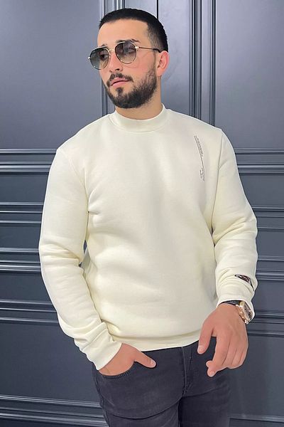 MİSHAR İTALİA Ανδρικό φούτερ Cream Three Thread Raised Crew Neck