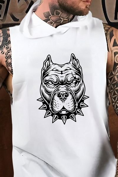 BESSA Ανδρικό Pitbull Printed White Oversize Crew Neck Βαμβακερή κουκούλα Αμάνικο αθλητικό εσώρουχο/μπλουζάκι