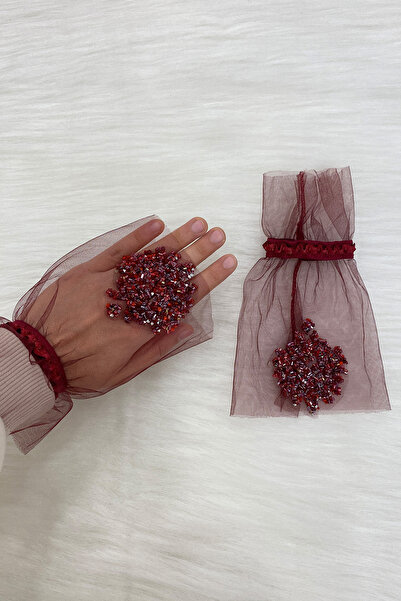 ZEYMERADE قفازات الزفاف من الخرز الزجاجي والكريستال باللون العنابي، وعد العرو...